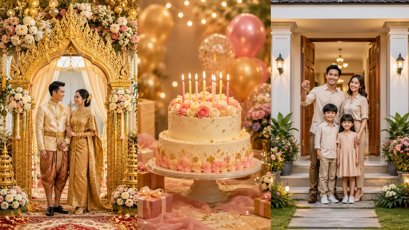 Three celebration moments side by side: a traditional Khmer wedding arch in gold, a birthday cake with candles, and a family at a new home's front door